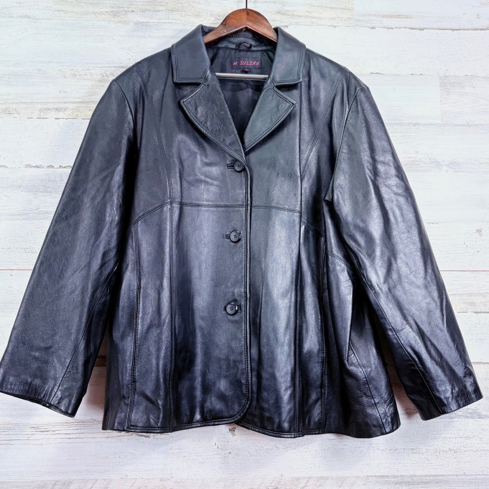 M Julian Womens Black Genuine Leather Lined Blazer Jacket Size 3X Button Front